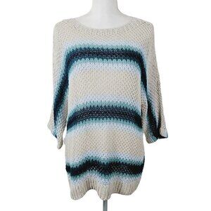 J. Jill Petite Lg Fisherman Knit Sweater Linen Cotton Cream & Ombre Blue NWOT